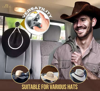 Car Cowboy Hat Holder for Truck – Easy-to-Use, Cotton Rope, Strong Suction Car Hat Holder Cowboy, Western Style – Keeps Gear Safe from Damage. (4-Pack)