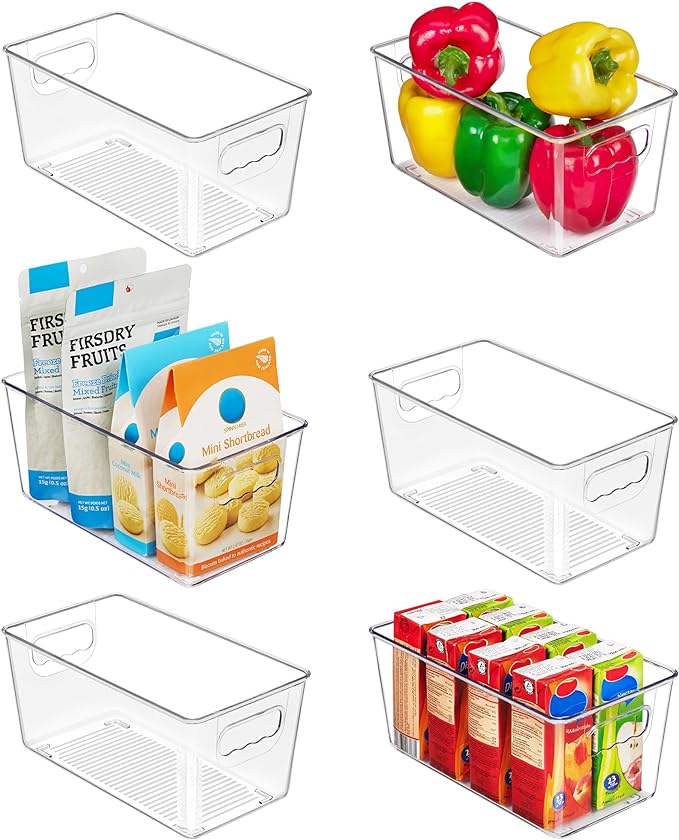 Vtopmart Clear Plastic Storage Bins, 6 PCS Pantry Organizer Bins with Handle for Refrigerator, Fridge, Cabinet, Kitchen, Countertops, Cupboard, Freezer Organization and Storage, Small