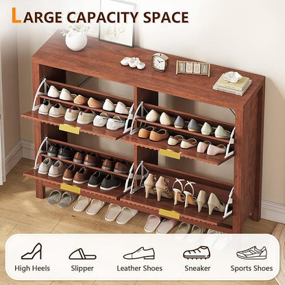 YOMILUVE Shoe Cabinet Storage for Entryway, Fluted Walnut Shoe Cabinet with 4 Flip Drawers, Hidden Shoe Rack Freestanding Wooden Shoe Organizer with Legs for Hallway