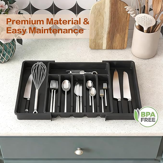 Expandable Silverware Drawer Organizer - BPA Free Flatware and Cutlery Holder, Adjustable Large Plastic Storage Tray for Kitchen Spoons Forks Knives, Black