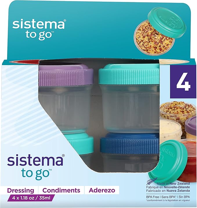 Sistema 4-Piece Salad Dressing and Condiment Containers with Lids for Lunch