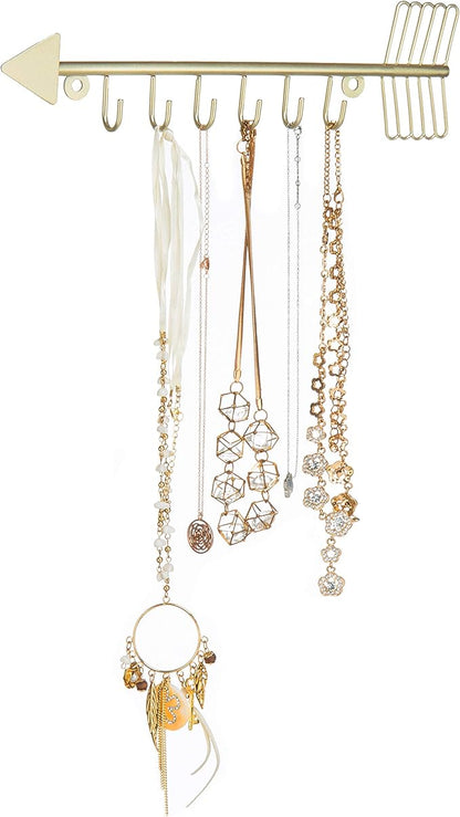 MyGift Brass-Tone Metal Wall Mounted Arrow Design Necklace Organizer Rack with 6 Hooks, Set of 2
