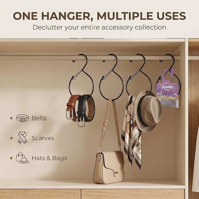 Scarf Hangers and Holder for Closet, 4 Pack Rust-Resistant Belt Hooks for Closet, S-Shaped Metal Belt Organizers, 15 lbs Heavy-Duty, Black, with 4 Lavender Sachets
