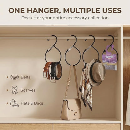 Scarf Hangers and Holder for Closet, 4 Pack Rust-Resistant Belt Hooks for Closet, S-Shaped Metal Belt Organizers, 15 lbs Heavy-Duty, Black, with 4 Lavender Sachets