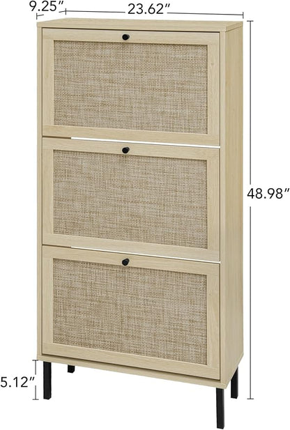 ZeHuoGe Rattan Shoe Cabinet with 3 Flip Drawers, Narrow Hidden Shoe Rack Storage Cabinet for Heels, Slippers, Entrance Hallway Entryway (Natural)