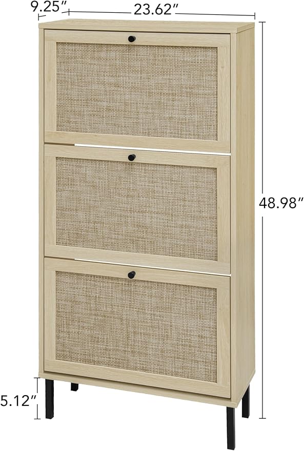 ZeHuoGe Natural Rattan Cabinet with 3 Flip Drawers, Free Standing Modern 3-Tier Shoe Storage Rack for Heels, Slippers, Entrance Hallway Entryway （3 Drawers）