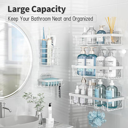 Liuoud 5 Pack Shower Caddy Organizer Rack Shelf for Inside Shower, Self Adhesive Wall Storage Basket Rustproof Stainless Steel Shampoo Holder Bathroom Accessory Decor Set, White