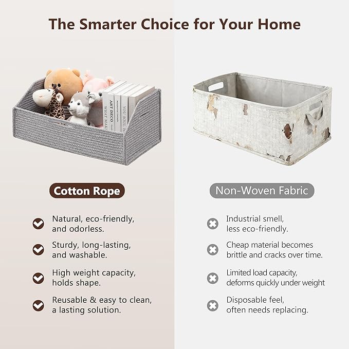 UBBCARE Closet Storage Bins 2 Pack, Cotton Rope Clothes Storage Bins & Sturdy Dog Toy Basket, 19" X 11" X 7" Shelf Baskets for Organizing, Grey