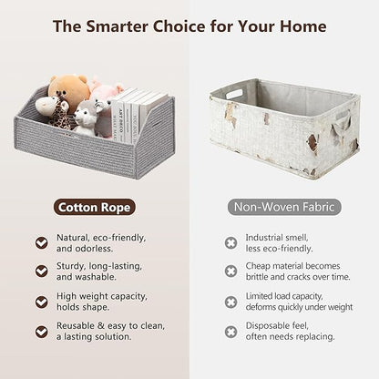 UBBCARE Closet Storage Bins 2 Pack, Cotton Rope Clothes Storage Bins & Sturdy Dog Toy Basket, 19" X 11" X 7" Shelf Baskets for Organizing, Grey