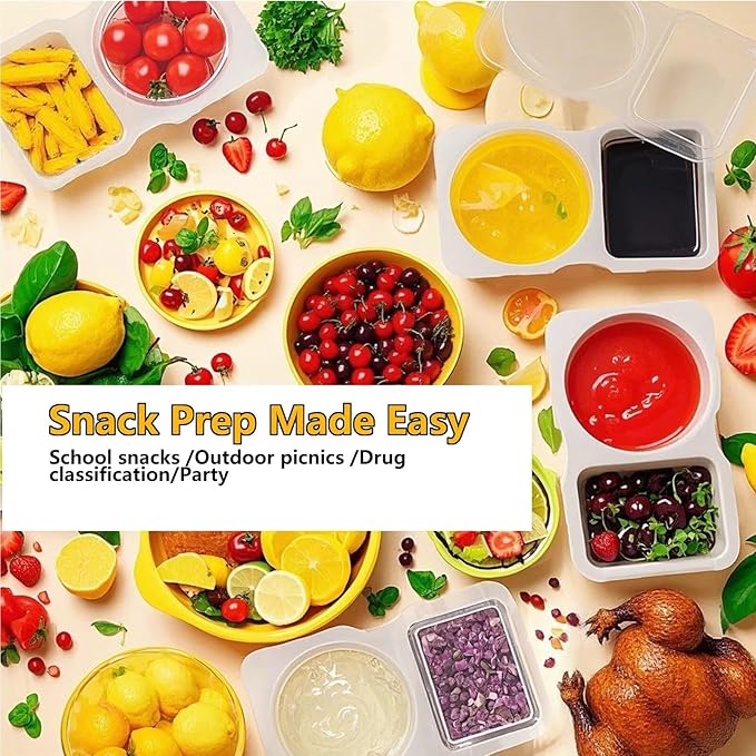 20pcs Reusable Snack Containers with Lids,2025 New 2 Compartment Plastic Containers for Pack Snacks,Leakproof Double Compartment Condiment Pack for Meal Prep, Portion Control,On-the-Go School Travel