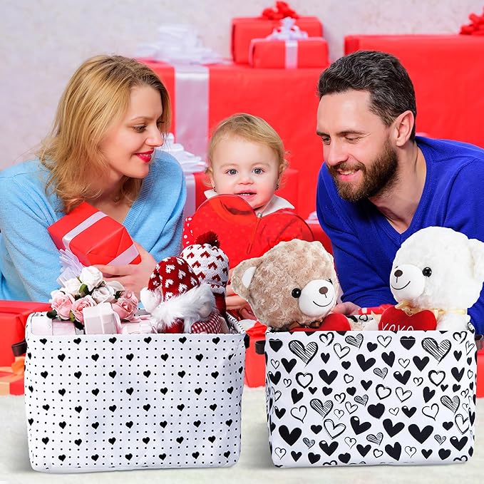 Geelin 3 Pcs Valentines Baskets Storage Valentine's Day Basket for Gifts Collapsible Waterproof Canvas Black and White Heart Storage Bin Organizer with Handles for Book Closet Shelf Nursery Decor