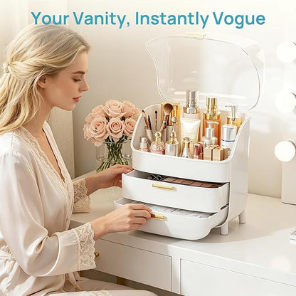 Vtopmart 3-Tier Skincare Makeup Organizer with Drawers and Lid for Vanity and Bathroom Countertop, Large Cosmetic Storage Box Case for Dresser, with Non-Slip Base