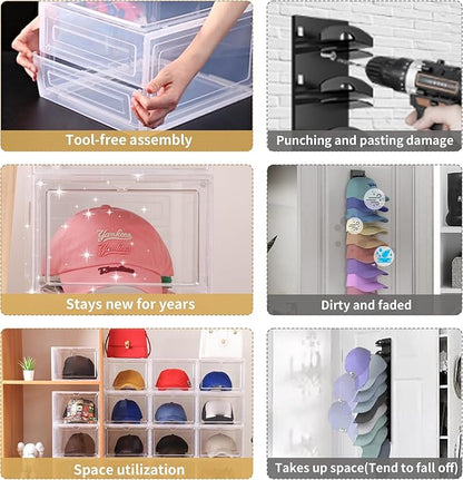 Attelite Upgrade Harder Solid Plastic Hat Organizer for Baseball Caps, 8 Pack Stackable Hat Storage Box with Clear Magnetic Door, Hat Rack(XL-Black)