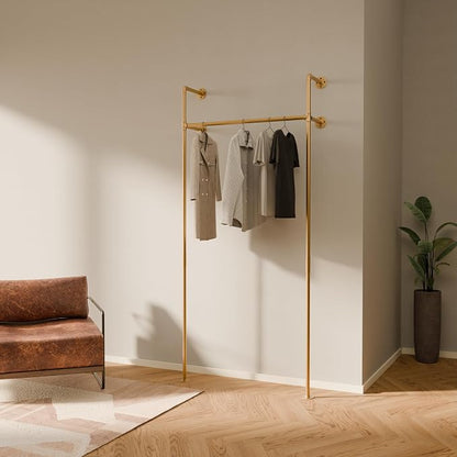 pamo Gold Clothing Rack Wall Mounted – Pipe Closet System in Gold Powder-Coated Steel – 41" W × 87" H, 309 lbs – Boutique, Walk-In Closet & Retail