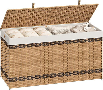 HOOBRO Storage Basket with Lid, 52.8 Gallon (200L) Wicker Storage Basket with 2 Separate Lid, Blanket Storage Bin with 2 Removable Liner Bags, for Bedroom, Laundry, Natural and Brown NL277CW01