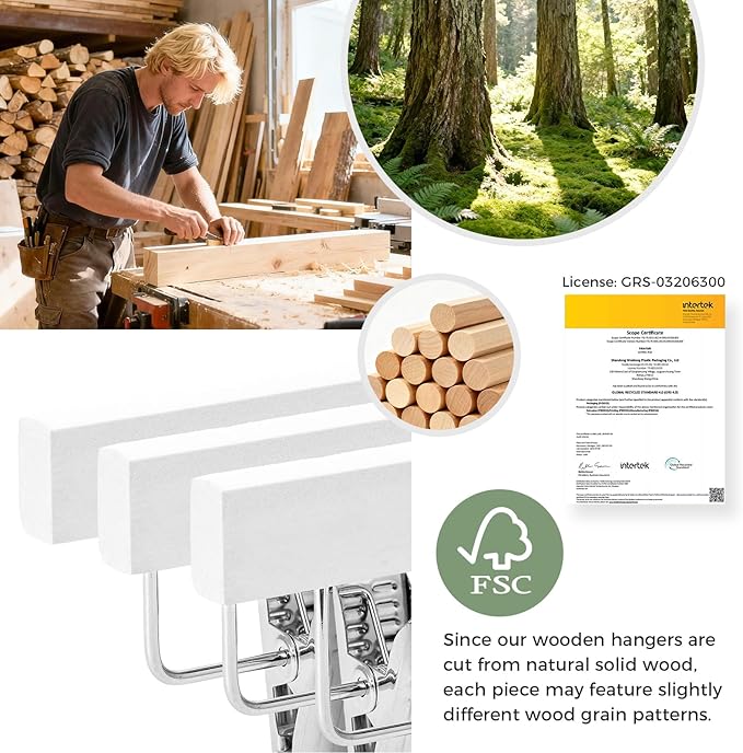 HOUSE DAY Premium Wooden Pants Hangers 25 Pack, Solid Lotus Wood Skirt Hangers with 2-Adjustable Clips, Heavy Duty & Anti Slip Wood Bottom Hanger for Slacks, Jeans, Trousers, Shorts (White)