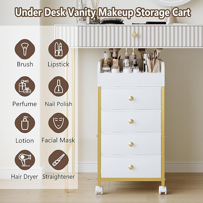 Rolling Makeup Organizer Cart - Under Desk Vanity Makeup Storage with 4 Fabric Drawers, Bathroom Storage Cart Cosmetic Display Cases for Nail Polish Brush Hair Tool