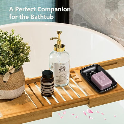 Gomakren Ceramic Soap Dish with Raised Scalloped Design, Versatile Soap Holder & Tray for Bathroom and Kitchen Sink, Prevents Soggy Soap, Modern Decor, Easy to Clean, Black (5.59" x 4.02")