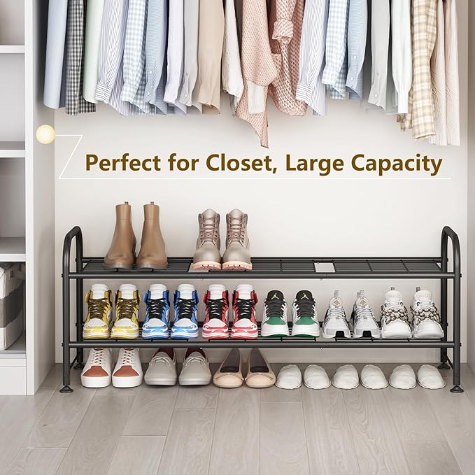 LINZINAR Shoe Rack 2 Tier Storage Organizer for Closet Entryway Metal Black