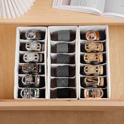 3 Packs Fabric Belt Organizer, 6 Grids Belt Organizer for Closet and Drawer, Foldable Dresser Drawer Organizers,Tie Storage -Beigewhite