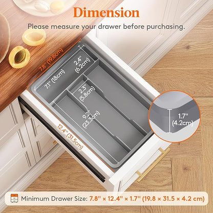 Lifewit Silverware Drawer Organizer Tray, Plastic Cutlery Storage for Kitchen, Flatware and Utensil Holder Divider for Spoons Forks Knives Tableware, 7.8 x 12.4", 4 Slots, Gray
