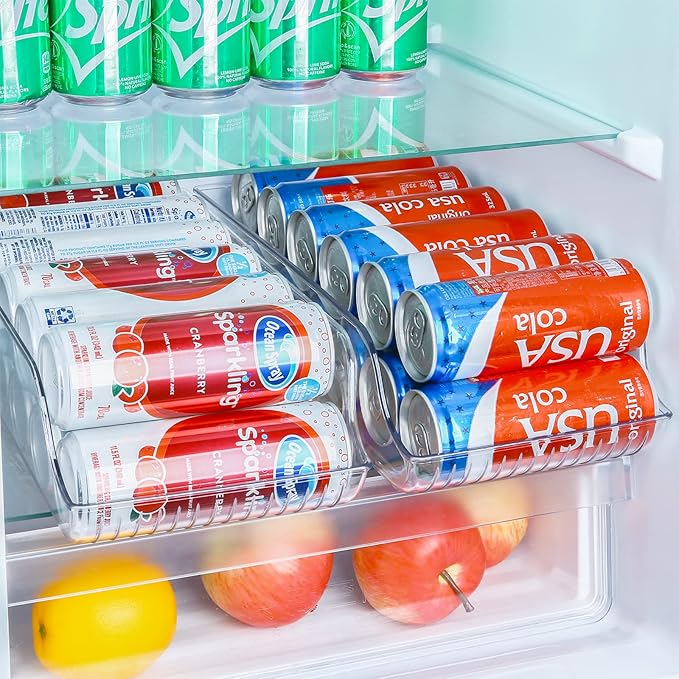 Puricon 4 Pack Refrigerator Organizer Bins Can Dispenser Storage Holder, Soda Beverage Canned Food Container Bin Clear Plastic Pantry Storage Rack for Fridge Kitchen Countertops Cabinets -Skinny Can