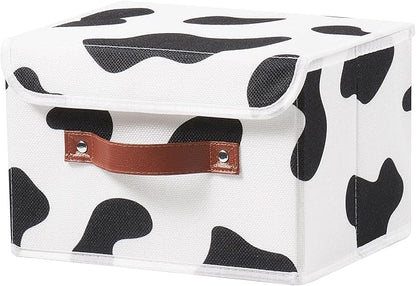 Storage Bin with Lid Cow Print Cute Fabric Storage Basket Box with Faux Leather Handles PP Plastic Board Foldable Washable Lidded Cotton Linen Closet Shelf Organizer Container (Small Size)