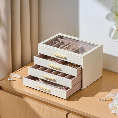 pickpiff Jewelry Box Organizer Case for Women: 4-Layer Jewelry Storage Case with Glass Window, Ivory Leather with Pink Velvet, Holder for Ring Necklace Bracelet Brooch Watch, Great Gift for Her
