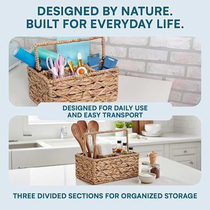 Honey-Can-Do Multi-Use 3-Compartment Wicker Basket Caddy with Handle, Natural STO-09844 Natural Medium