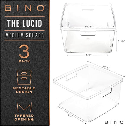 BINO | Plastic Storage Bins, Square - 3 Pack | THE LUCID COLLECTION | Multi-Use Bins | Built-In Handles | BPA-Free | Clear Containers | Fridge Organizer | Pantry & Home Organization