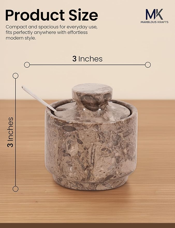 MARBLOUS KRAFTS Marble Salt Cellar 3" Inch Oceanic Flaky Salt Holder for Countertop, Set of 2 Spice Boxes, Brown Sugar Keeper, and Sugar Jar with Lid & Spoon, Perfect for Kitchen Storage