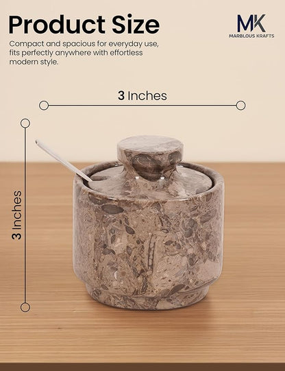 MARBLOUS KRAFTS Marble Salt Cellar 3" Inch Oceanic Flaky Salt Holder for Countertop, Set of 2 Spice Boxes, Brown Sugar Keeper, and Sugar Jar with Lid & Spoon, Perfect for Kitchen Storage
