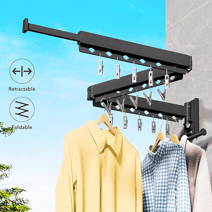 ZdwCyl Wall Mounted Clothes Hanger, Aluminum Clothes Drying Rack, Space Saver, Retractable, Windproof Holes, with Clips