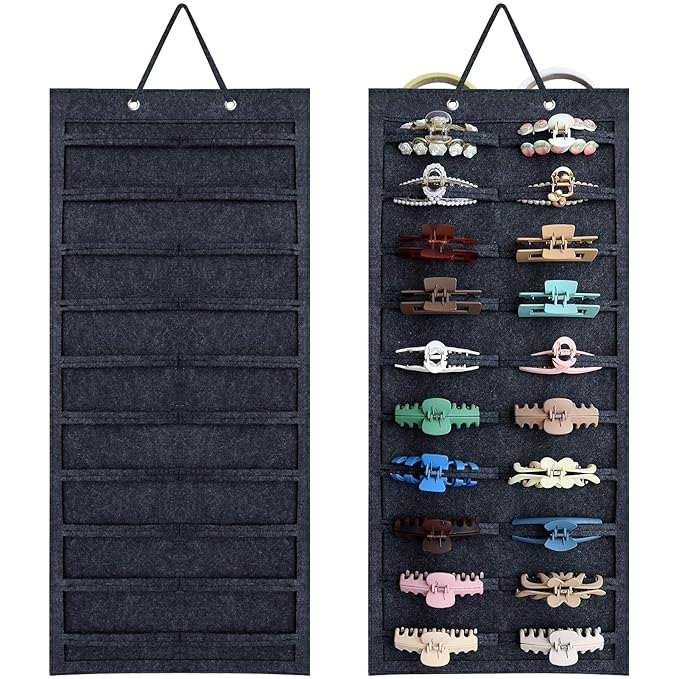 SMUK Claw Clip Organizer for Women, Hanging Mount Hair Clips Holder Organizer for Girls, Hair Bow Claw Clip Stand Storage for Wall, Door, Closet, Horizontal Dark Gray