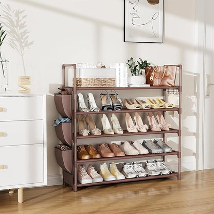 VILICK Shoe Rack for Closet Shoe Organizer Space Saver Storage for 20-25 Pair Shoe Shelf with Hook and Side Pocket Free Standing 5 Tier Shoe Rack Organizer for Entryway,Small Spaces, Brown
