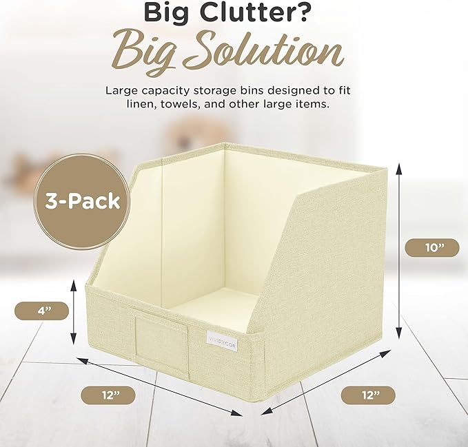 VIVIDECOR Open Front Trapezoid Closet Bins 12x12x10 – Closet Shelf Organizer for Folded Clothes, Easy Access Fabric Storage Baskets – Light Beige, 3 Pack