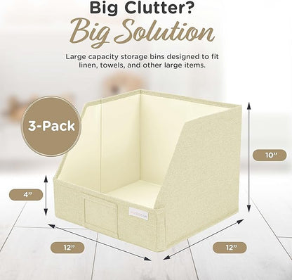 VIVIDECOR Open Front Trapezoid Closet Bins 12x12x10 – Closet Shelf Organizer for Folded Clothes, Easy Access Fabric Storage Baskets – Light Beige, 3 Pack