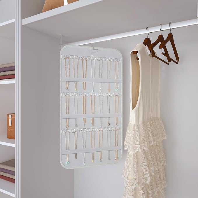 Hanging Jewelry Organizer Storage, 40 Pockets 36 Hooks Necklace Earring Necklace Bracelet Ring Organizer, Double - Sided Design, White