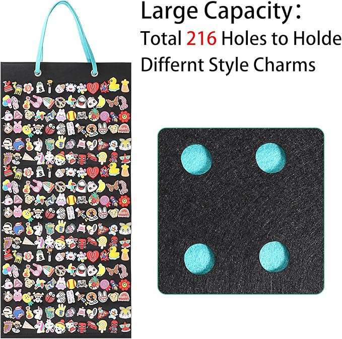 JUXYES Shoe Charms Organizer Wall Hanging Collection Holder with 216 Holes, Portable Decorative Croc Charms Display Hanging Decoration Storage Organizer