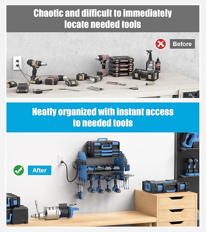 CCCEI Modular Power Tools Organizer Charging Station, Drills and Battery Storage Wall Mount, Garage Shop Organization, Anniversary, Birthday, Gifts for Men, Father, Blue, 1 Pack.