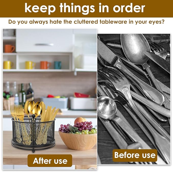 US 360°Rotating Utensil Caddy Kitchen Utensil Holder 6.7×6.7×5.1 Inch Metal Utensil Organizer 4-Compartment Metal Utensil Caddy Rotatable Cutlery Holder Multifunctional Flatware Organizer for Home