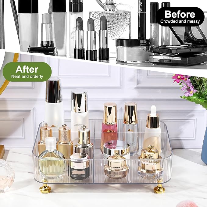 DASITON Makeup Organizer Countertop for Vanity, 5 Slots Makeup Brush Holder Organizer, Vintage Makeup Perfume Tray Cosmetic and Skincare Organizers for Bedroom Bathroom Counter, Desk Storage (Clear)