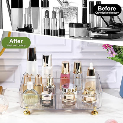 DASITON Makeup Organizer Countertop for Vanity, 5 Slots Makeup Brush Holder Organizer, Vintage Makeup Perfume Tray Cosmetic and Skincare Organizers for Bedroom Bathroom Counter, Desk Storage (Clear)