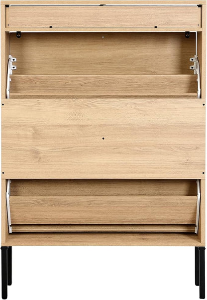 XIAO WEI Shoe Cabinet, Natural Semi Circle Rattan Shoe Storage Organizer Cabinet with 2 Flip Drawers, Freestanding Shoe Rack with Adjustable Shelf for Entryway (Large Size)