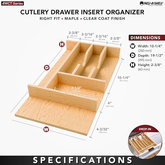 Rev-A-Shelf Natural Maple Right Size Utensil Insert Home Storage Kitchen Organizer 7 Compartment Drawer Accessory, 10-1/4" x 19-1/2, 4WCT-15SH-1