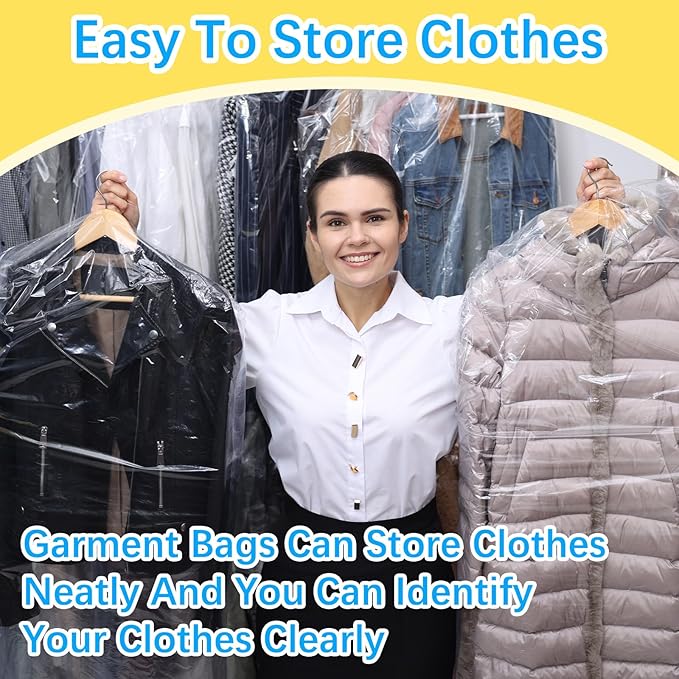 50Pcs Clear Plastic Clothes Covers, 71 Inch Plastic Dry Cleaning Bags for Hanging Clothes, Dust Proof Garment Covers for Long Dresses, Skirts, Coats, Suit Shirts, Jacket