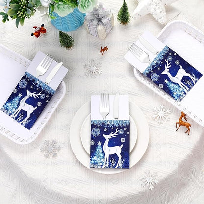 50pcs Christmas Utensil Holder Blue Xmas Deer Flatware Tableware Holder Bags Disposable Winter Knifes Forks Silverware Bags for Christmas Party Table Decoration Supplies