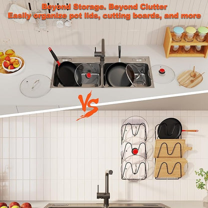 2 Pack Pot Lid Organizer, 6-Tier Pots and Pans Lid Organizer Under Cabinet, No Drilling, Rustproof, Lid Organizers Inside Cabinet for Small Space Solution & Kitchen Cabinet Organization