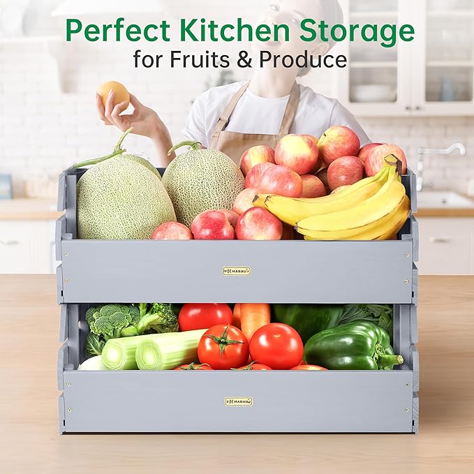 HABAU Potato Onion Storage Bin - Wood Stackable Produce Basket with Handles - Fruit and Vegetable Storage for Kitchen and Pantry Counter Organization - 2 Pack