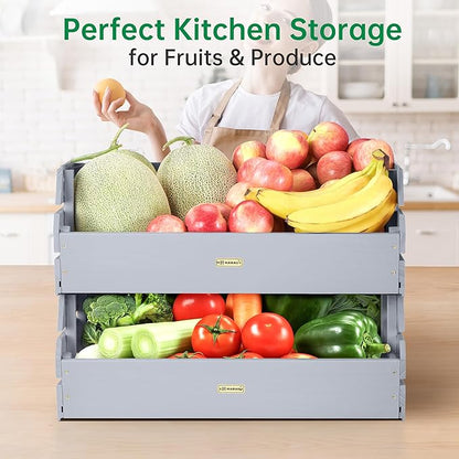 HABAU Potato Onion Storage Bin - Wood Stackable Produce Basket with Handles - Fruit and Vegetable Storage for Kitchen and Pantry Counter Organization - 2 Pack
